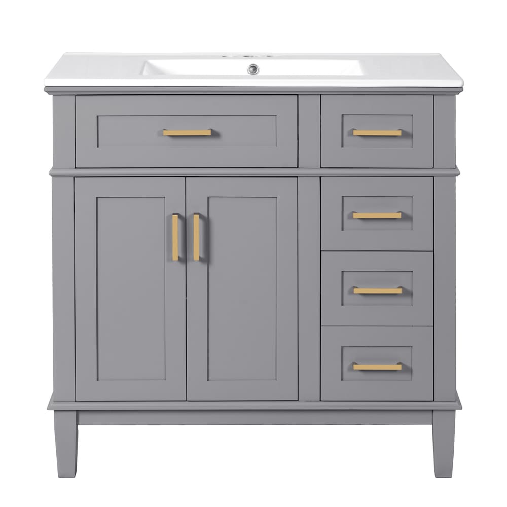 36" Gray Modern Bathroom Vanity with Ceramic Sink, Soft Close Doors, 4 Drawers for Storage, Elegant Design for Small Bathrooms